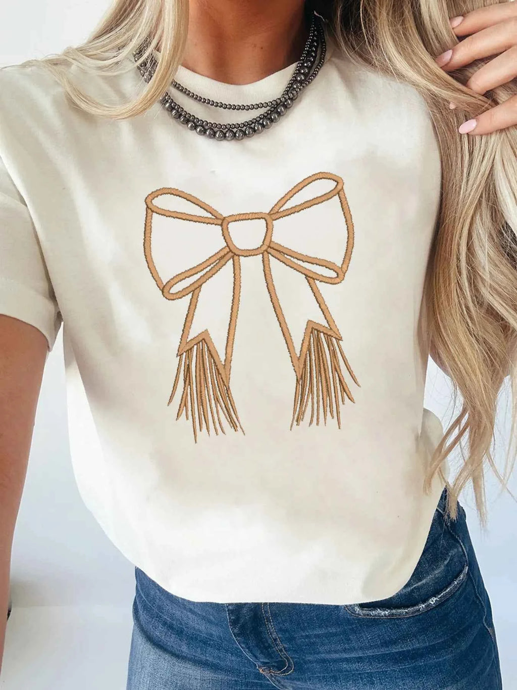 Bowknot Western Round Neck T Shirt White bdafef8a0b39480db0eab1592b451cb8-Max-Origin