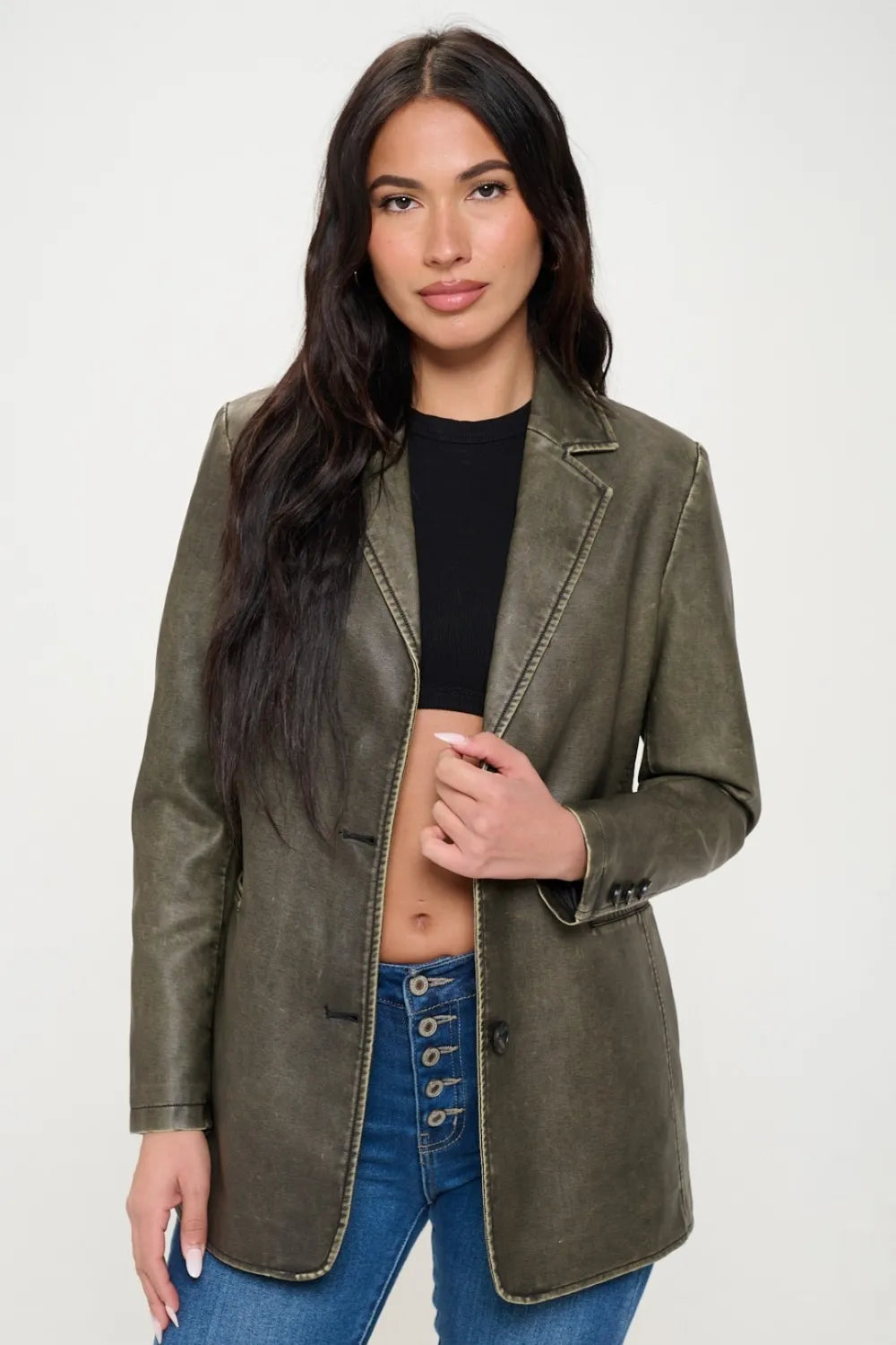 Coalition LA Single-Breasted Vegan Leather Blazer Olive Brown bdbe97e5-6796-4a66-be6c-79d73f6e2534-Max