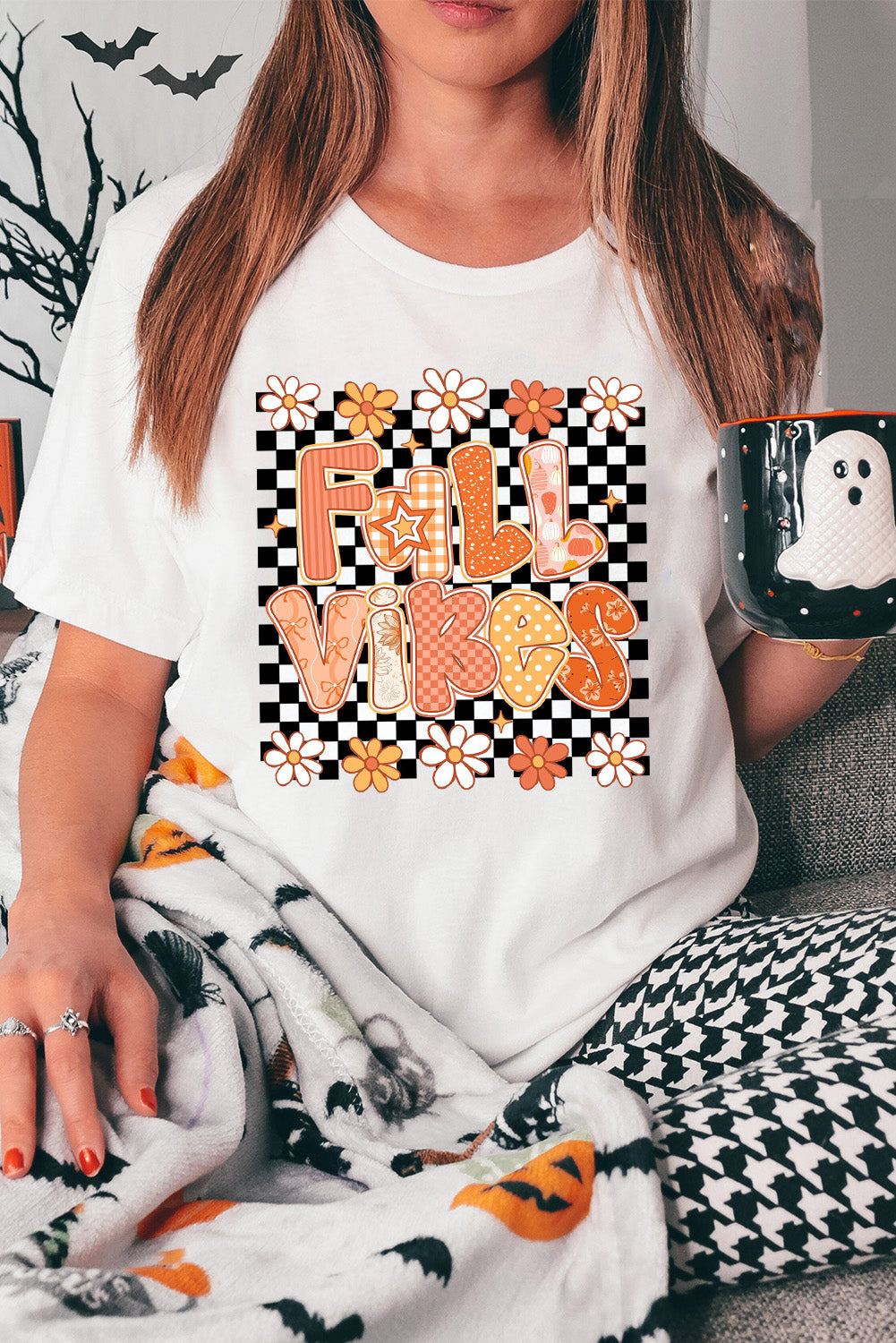 White FALL VIBES Heat Transfer Printing Cute Graphic Tee bdc27a5babe7d572