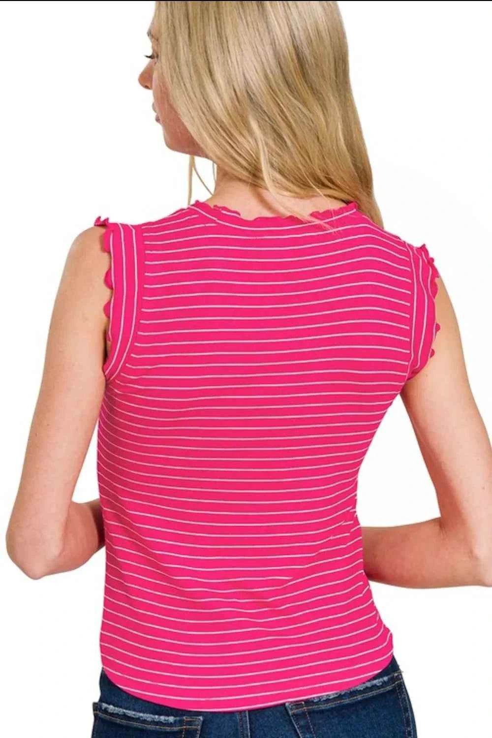 Zenana Ribbed Ruffle Trim Sleeveless Stripe Top bdc609bc-26ba-46c1-8359-55adbd4b3dfe-Max-Origin