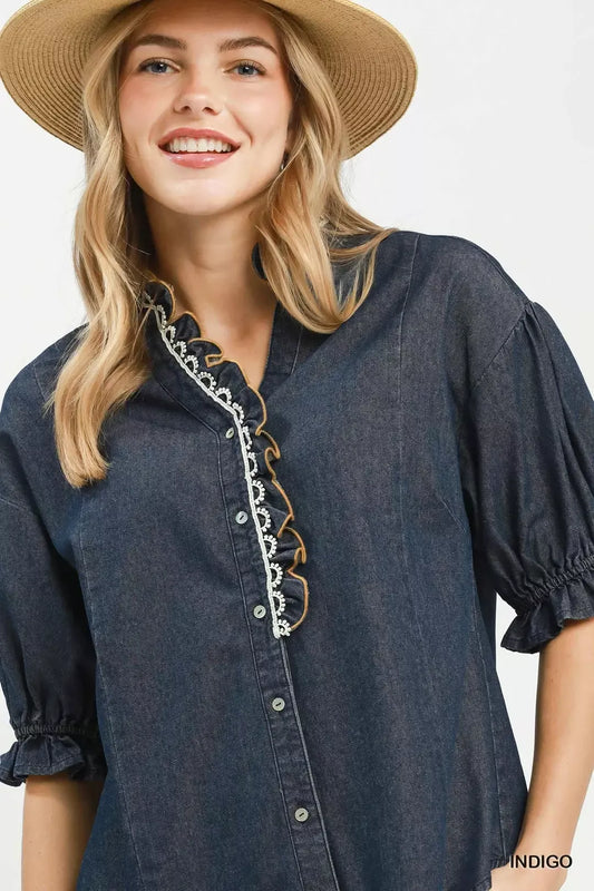 Chambray Scalloped Trim Button Front Blouse bdc96751-530b-40e5-86ef-1af160cce0f4-Max-Origin
