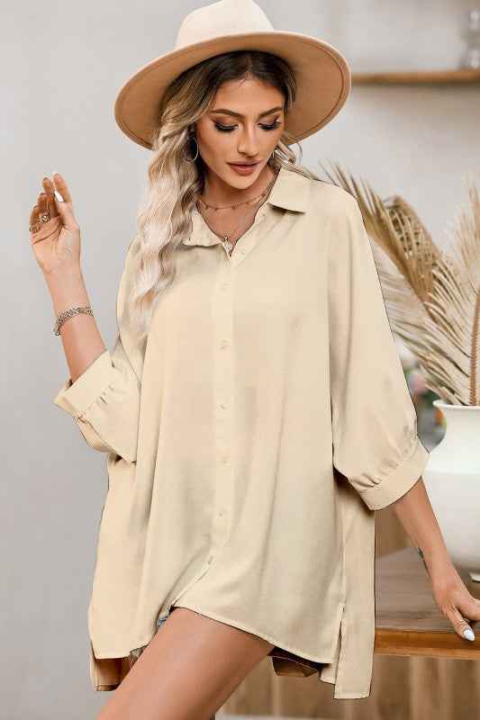 Solid 3/4 Puff Sleeve Oversize Shirt bdca4110-5ff4-453d-8417-cf5c14cd5645