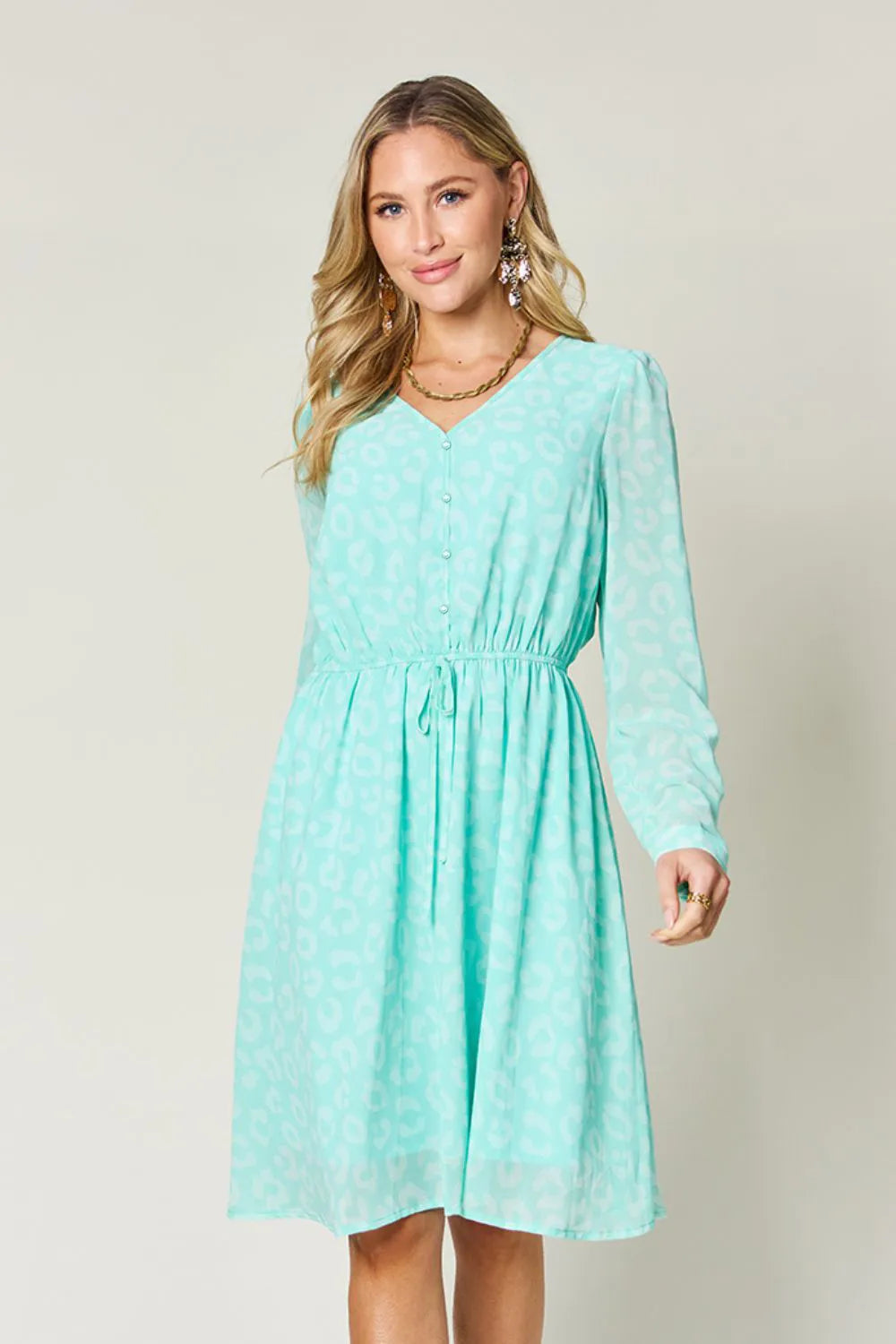 Double Take Full Size Printed Ruched V-Neck Long Sleeve Dress Light Green bdccdbbf-9f34-4c9c-bb24-fe7cf90bd71e-Max