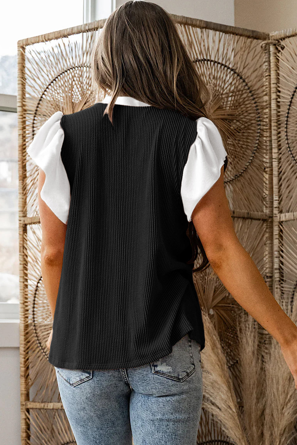 Black Plus Size Contrast Frilled Neckline Ruffled Short Sleeve Ribbed Textured Blouse bdcdc873691d661a