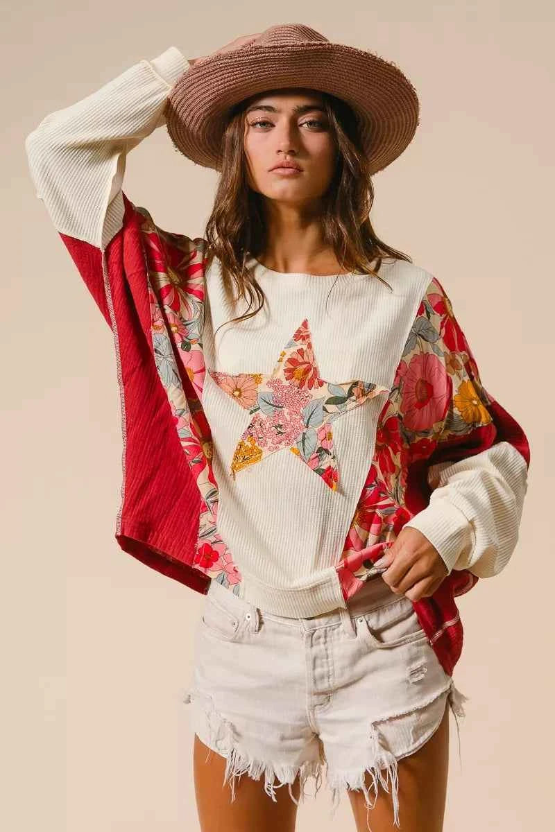 BiBi Floral Print Mixed Star Patch Round Neck Sweatshirt bdcf73b6136b4a3fb7c49a5cbaad692f-Max-Origin