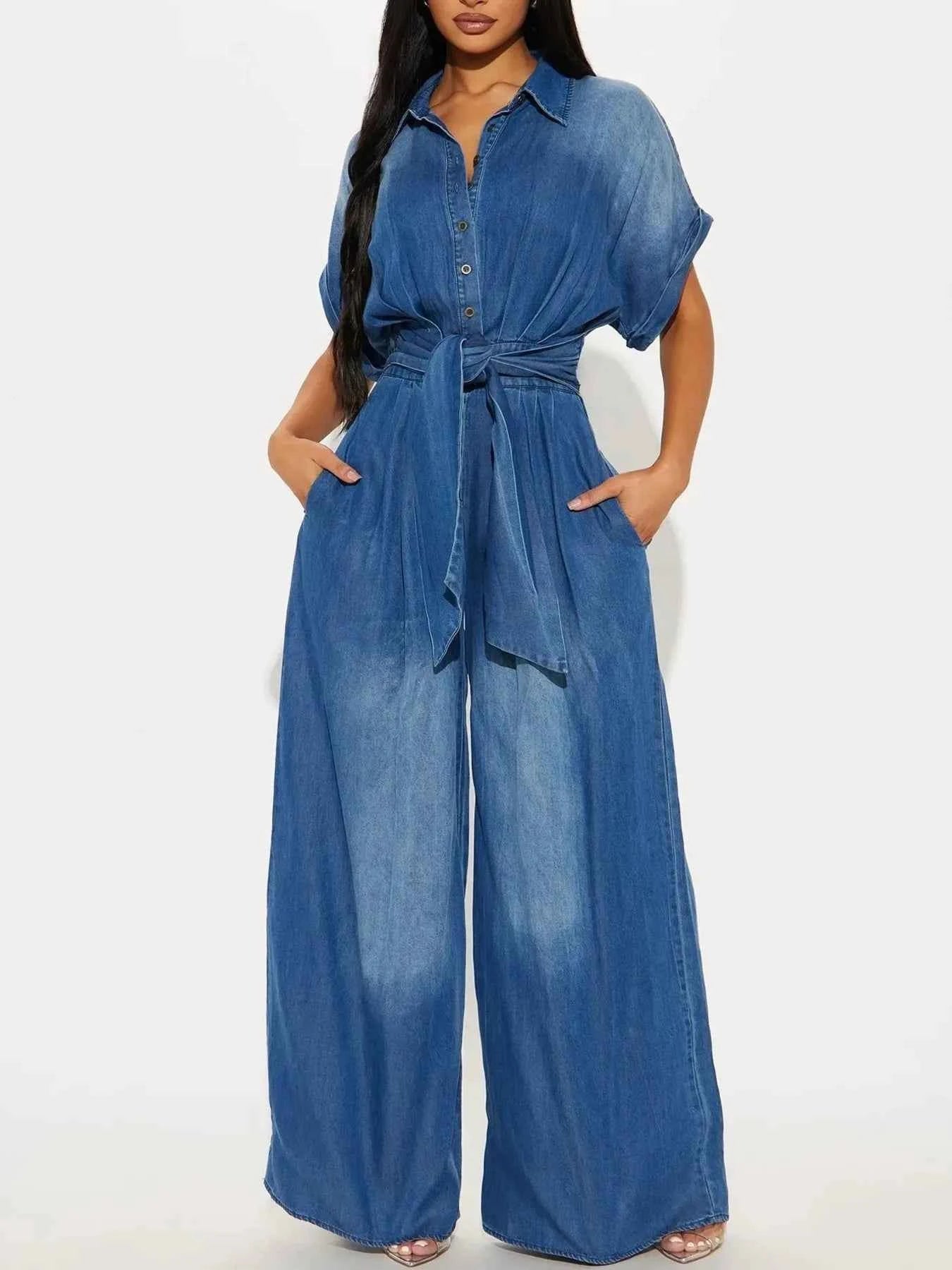Button Front Wide Leg Denim Jumpsuit Dark Blue bdd3ac7b91ec4456baad37e732bed220-Max-Origin
