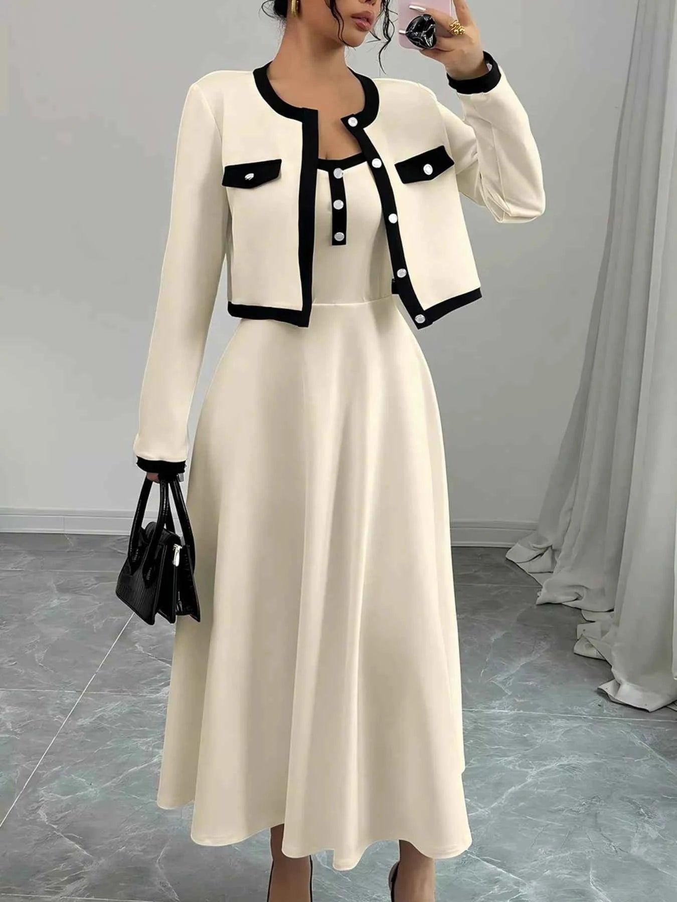 Contrast Trim Maxi Dress and Cropped Cardigan Set bdd44e41-3838-4895-805a-b57a05c47aef-Max-Origin