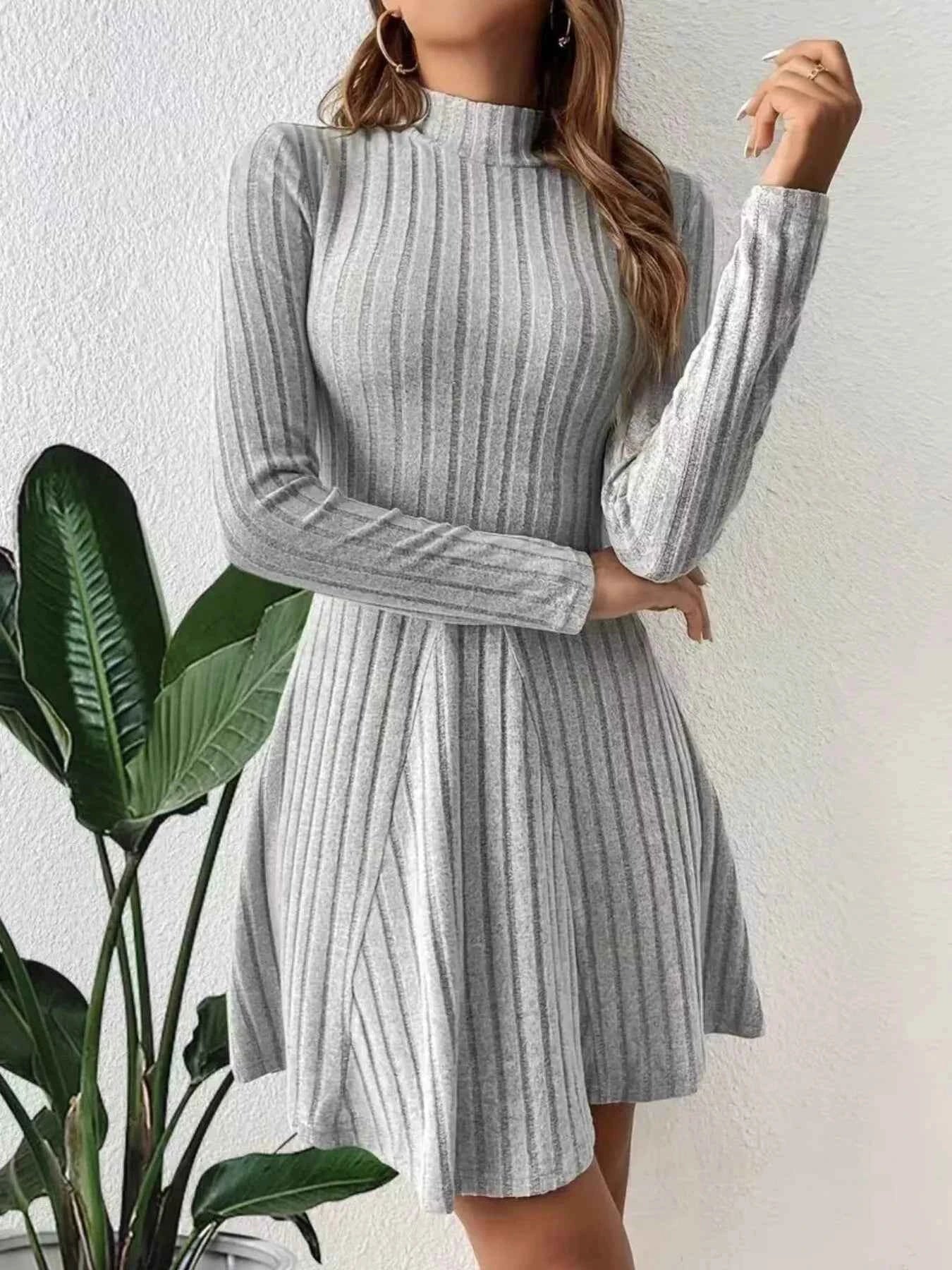 Ribbed Knit Mock Neck Long Sleeve Mini Dress