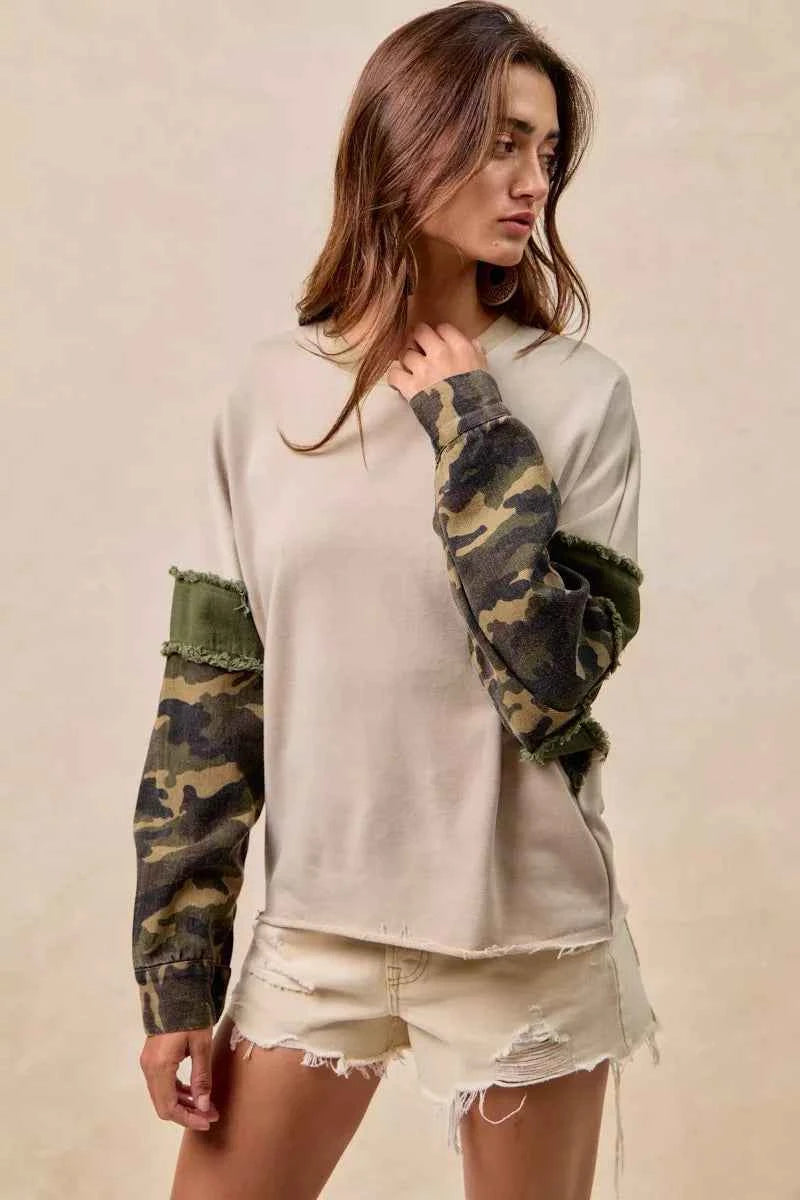 BiBi Camo Sleeve French Terry Top with Frayed Edge bde4f553b7d8460f9c6e802efa930c70-Max-Origin