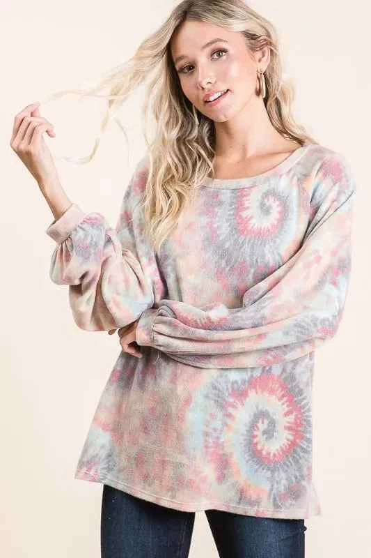 BiBi Brushed Tie Dye Print Top with Puff Sleeves bde64a3d8631444c8156566bb3dd779c-Max-Origin