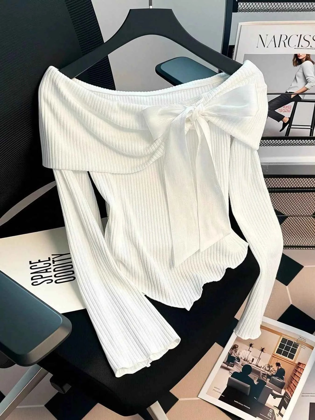 Off-Shoulder Bowknot Ribbed Knit T-Shirt White bde977dcf6cf463ca9dd33d99c4cc183-Max-Origin