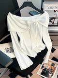 Off-Shoulder Bowknot Ribbed Knit T-Shirt White bde977dcf6cf463ca9dd33d99c4cc183-Max-Origin