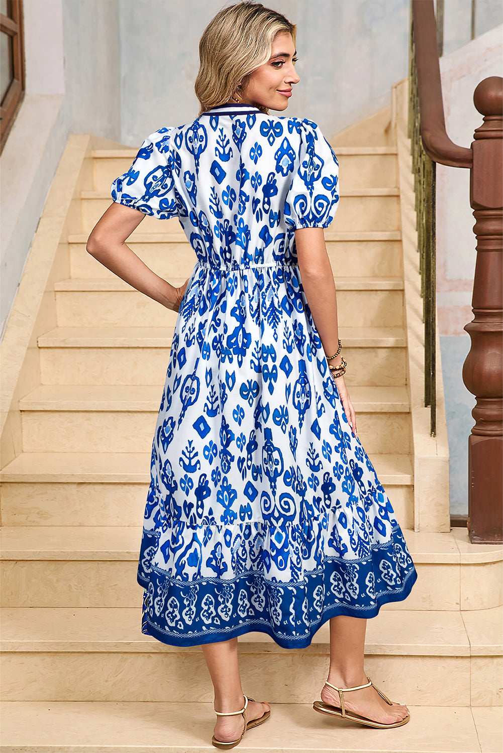 Blue Floral Ruffle Hem Pop of Color Neckline Dress bdeae10fe59cfd21-_2