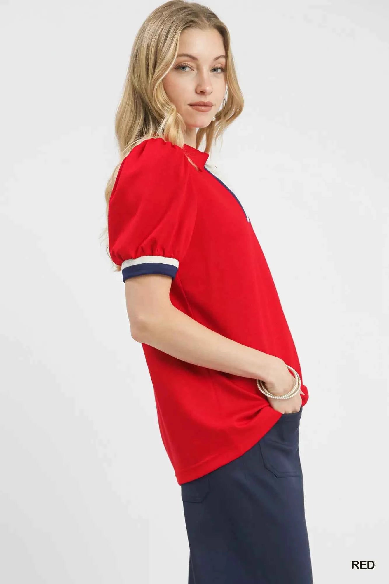 Umgee Puff Sleeve Zip Front Top with Contrast Striped Trim bdee7d45-c36c-476a-ae4d-af3e45e2cccc-Max-Origin
