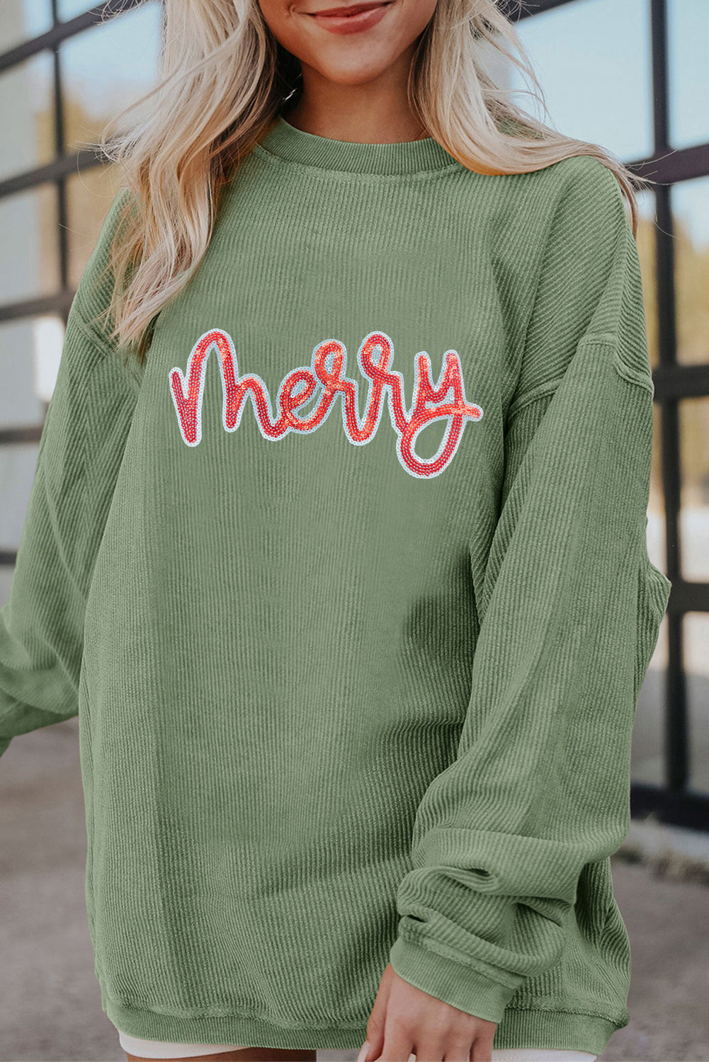 Grass Green Sequin merry Letter Patch Application Twisted Ribbed Baggy Sweatshirt bdf080dfb59df749