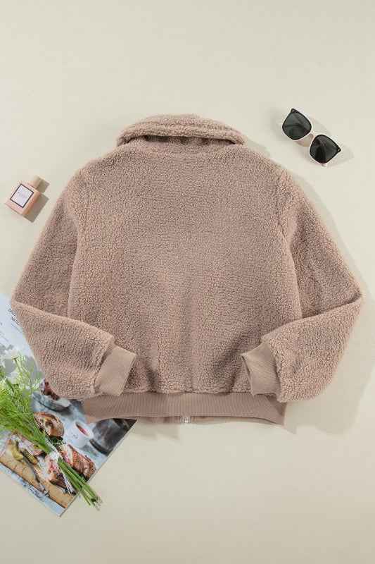 Solid Zip-Up Pocketed Fuzzy Jacket bdf48f8a-9f9f-4a68-a10f-e107e636fd29