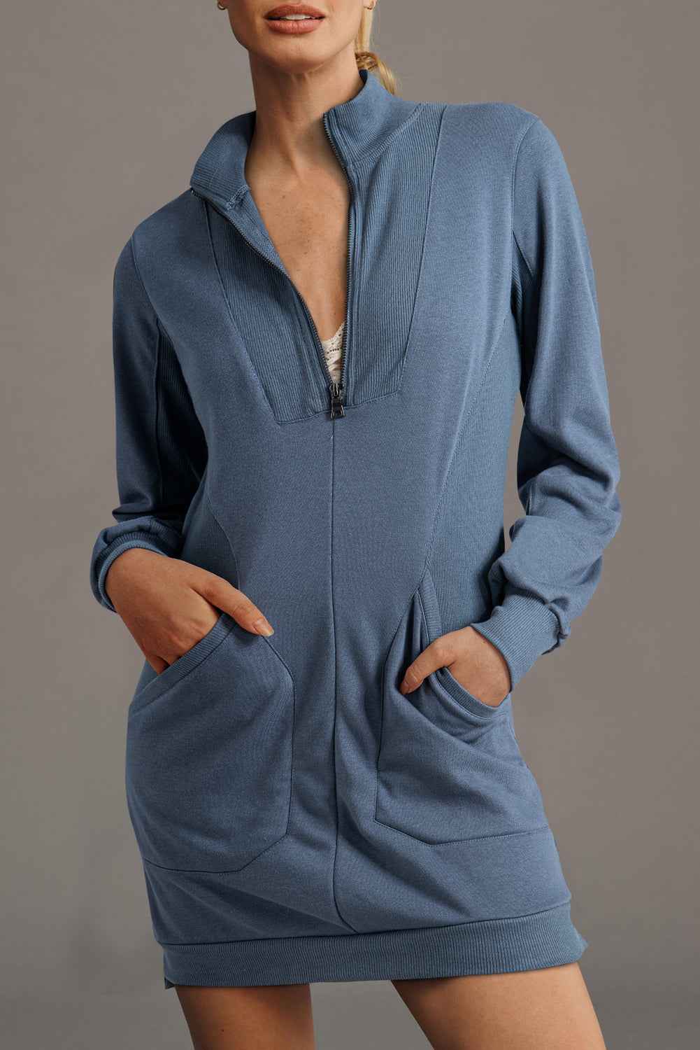 Ivy Zip up Collared Ribbed Patchwork Sweatshirt Dress with Pockets bdf8f21f46cff8dc