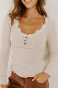 Beige Lace Neckline Button Decor Lettuce Edge Long Sleeve Ribbed Top Beige 95%Polyester+5%Elastane bdfd3a7feef2c0c5