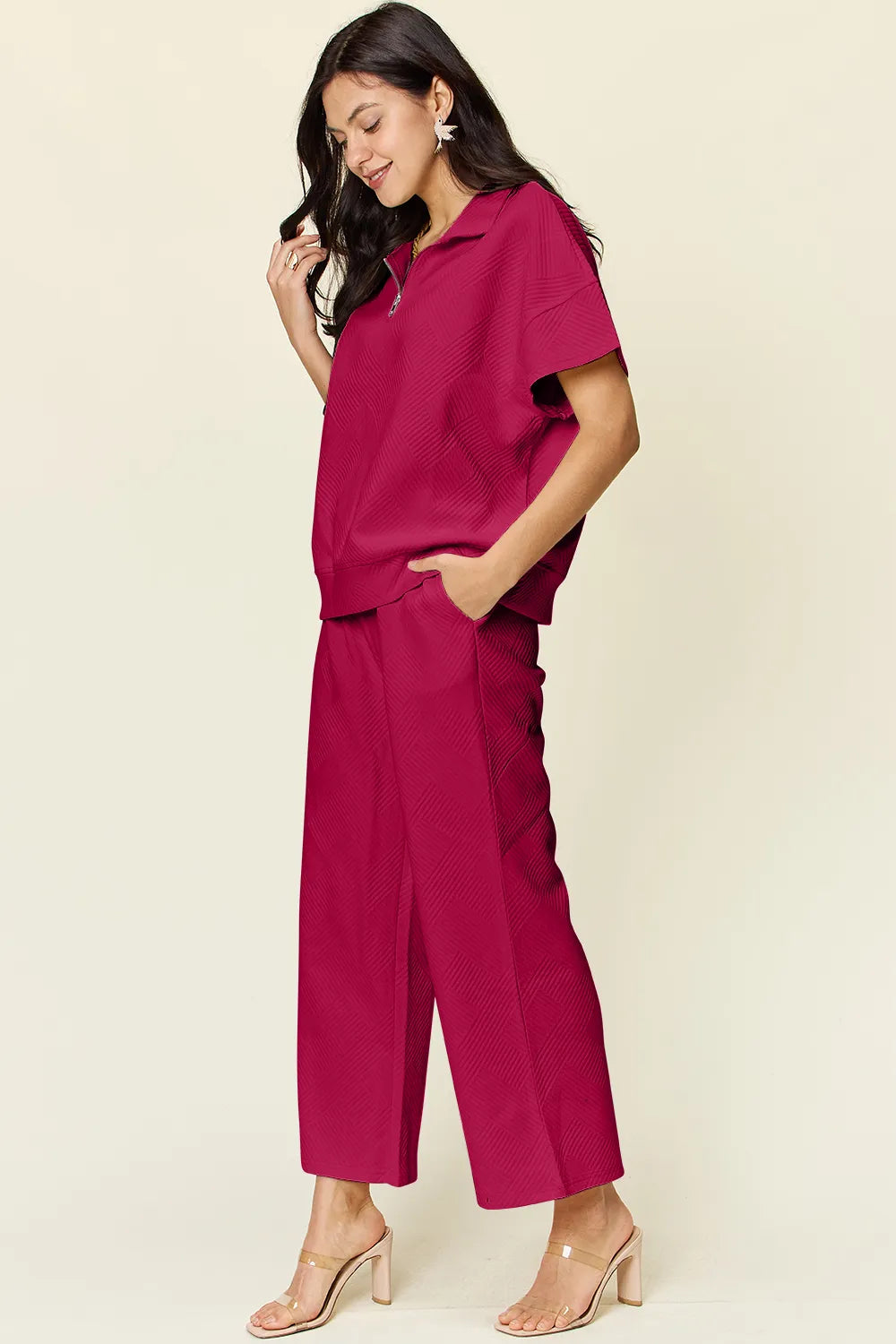 Double Take Full Size Texture Half Zip Short Sleeve Top and Pants Set be003437-99ef-4b1d-b462-8be6c64dd774-Max