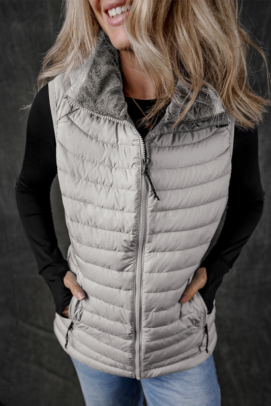 Silvery Plush Collared Quilted Zipped Puffer Vest be0367b720f40f6f