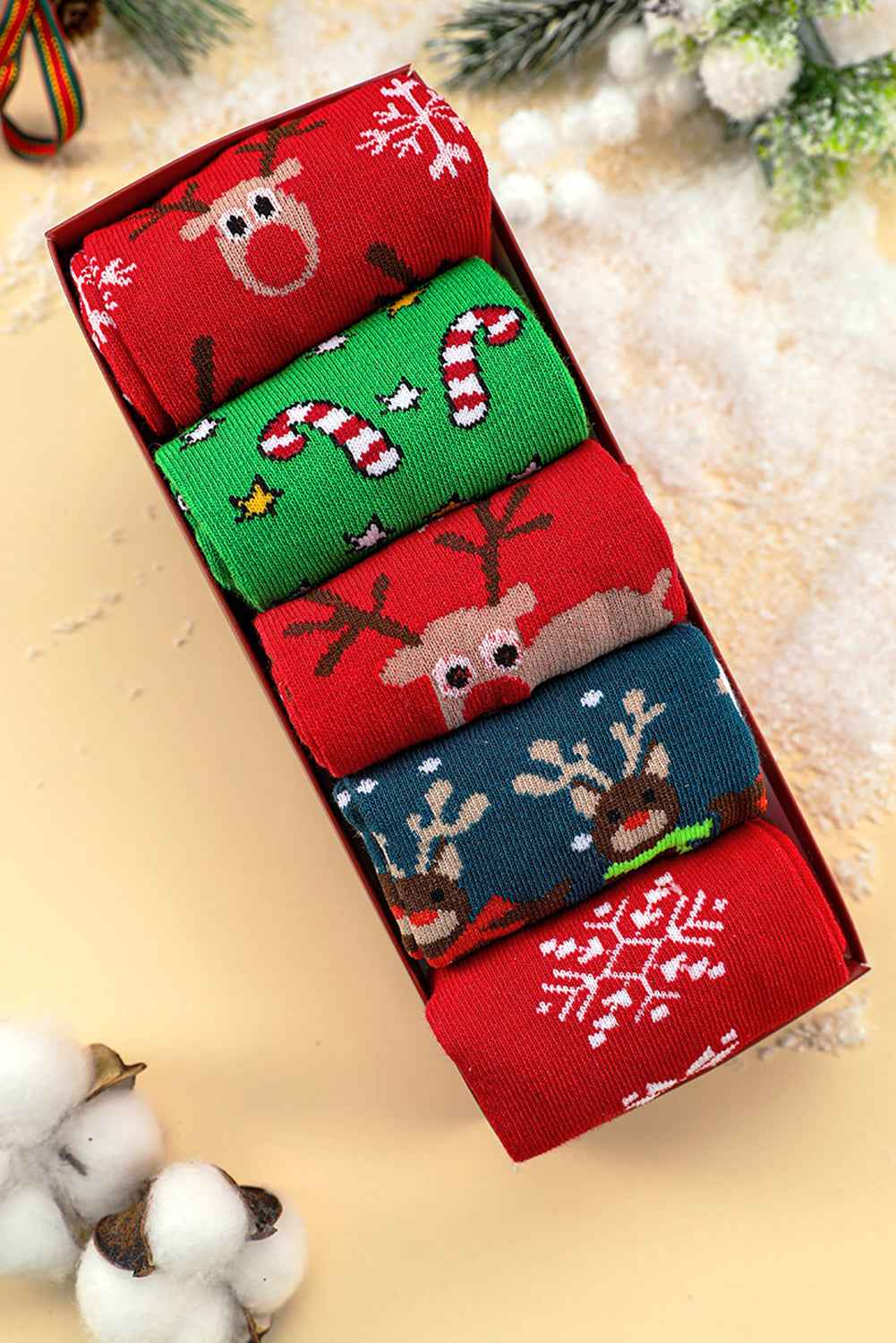 Fiery Red 5 Pairs Christmas Cartoon Elk Soft One Size Socks Set be03e9b45b59fa63
