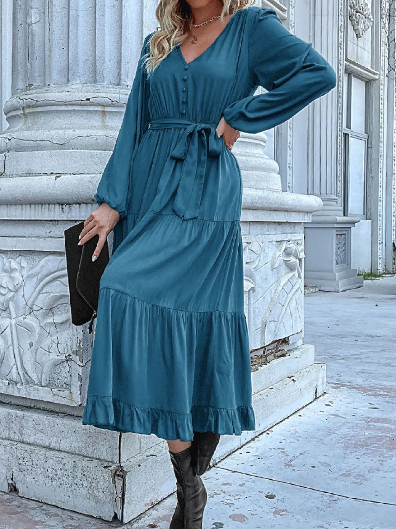 Ruffled Hem V-Neck Balloon Sleeve Dress be0b64d5-0196-4b56-bbaf-f1afdbe4d8df-Max-Origin