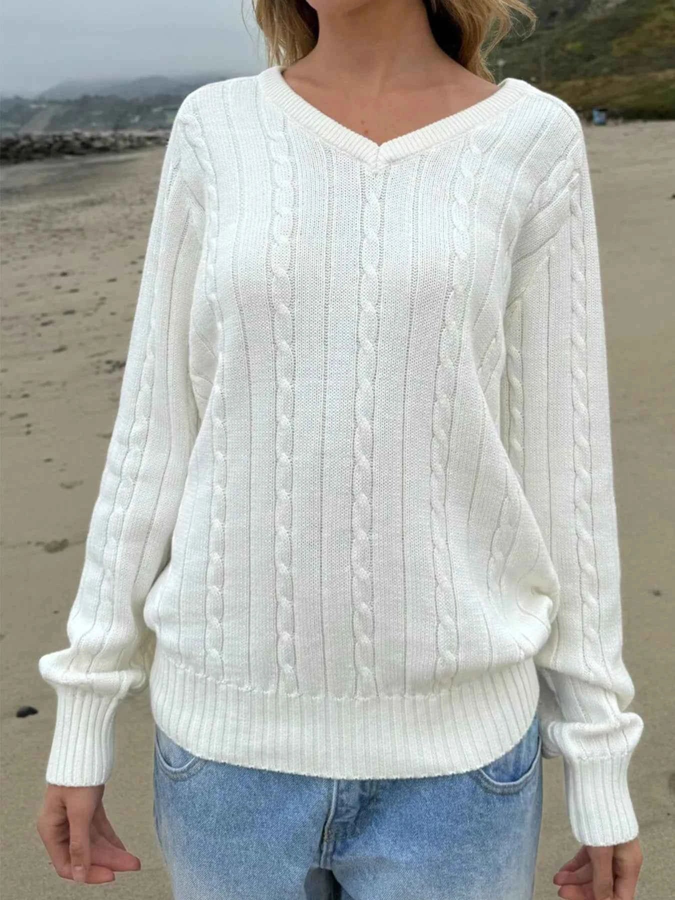 Cable Knit V-Neck Pullover Sweater