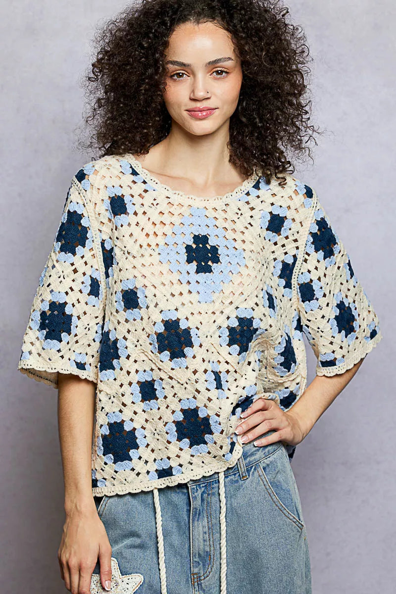 POL Round Neck Short Sleeve Color Pattern Crochet Top with Border Accents BLUE MULTI be27ab5d-4bbd-4ef1-8ea2-a303fd035321-Max-Origin