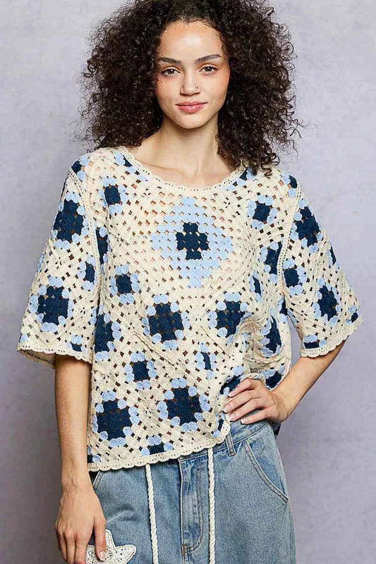 Round Neck Short Sleeve Color Pattern Crochet Top with Border Accents BLUE MULTI be27ab5d-4bbd-4ef1-8ea2-a303fd035321-Max-Origin
