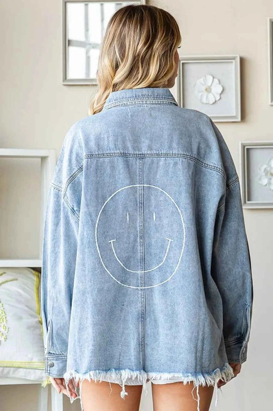 First Love Smile Face Button Down Raw Hem Denim Jacket be29f1f5-7584-4bba-832e-e1afb9b81ff1-Max