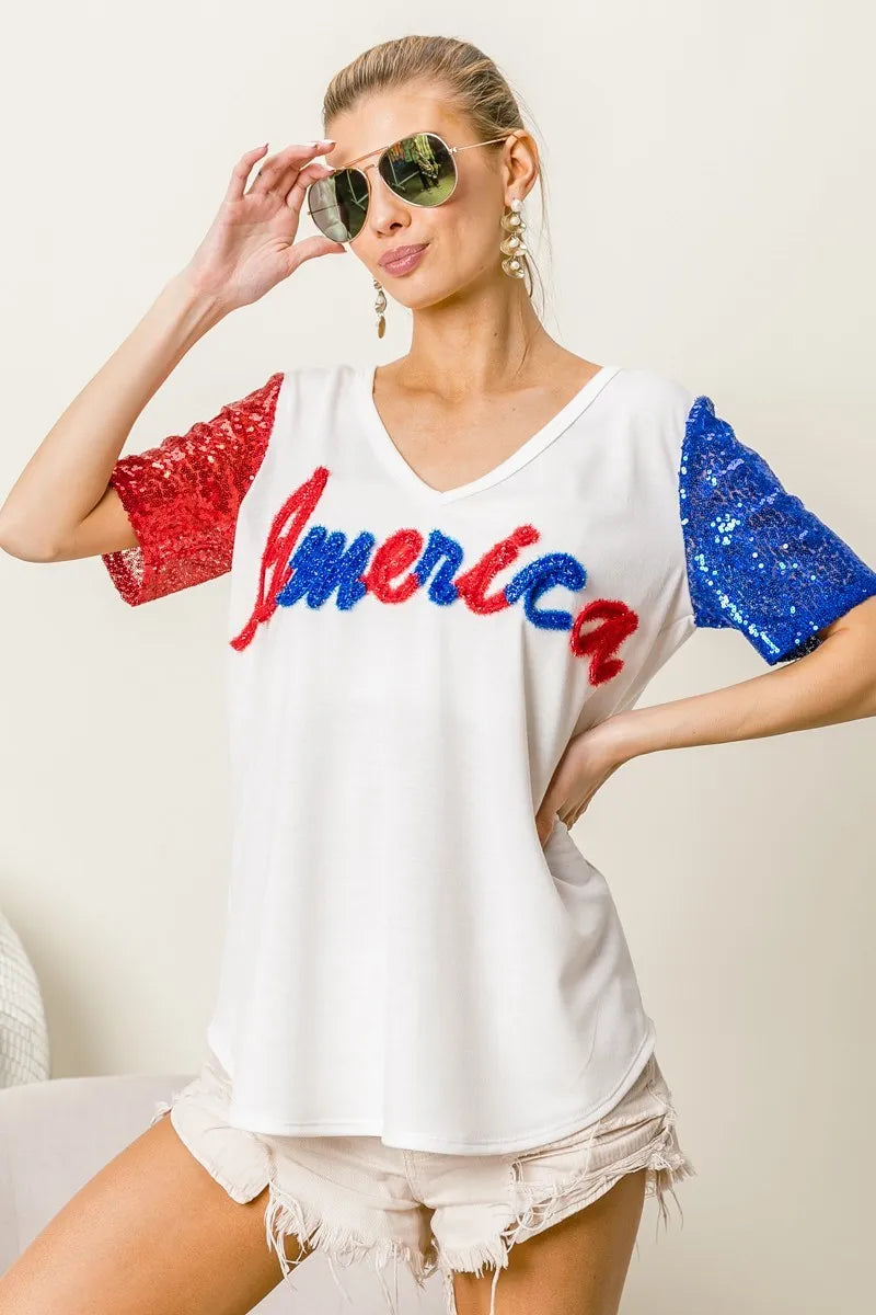 BiBi Metallic Letter V-neck Sequin Sleeves Top be2bdce63a5441eba7e18ceeb7e7cda5-Max-Origin