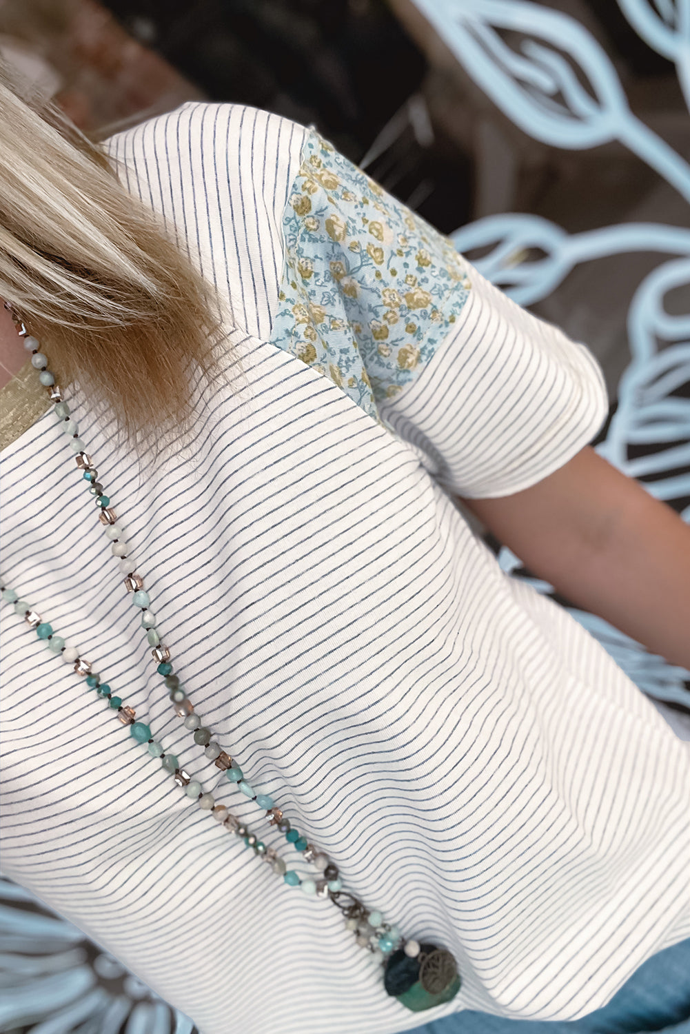 White Striped Floral Patchwork Sleeves Contrast Round Neck T Shirt be2ddd6d6d27984e