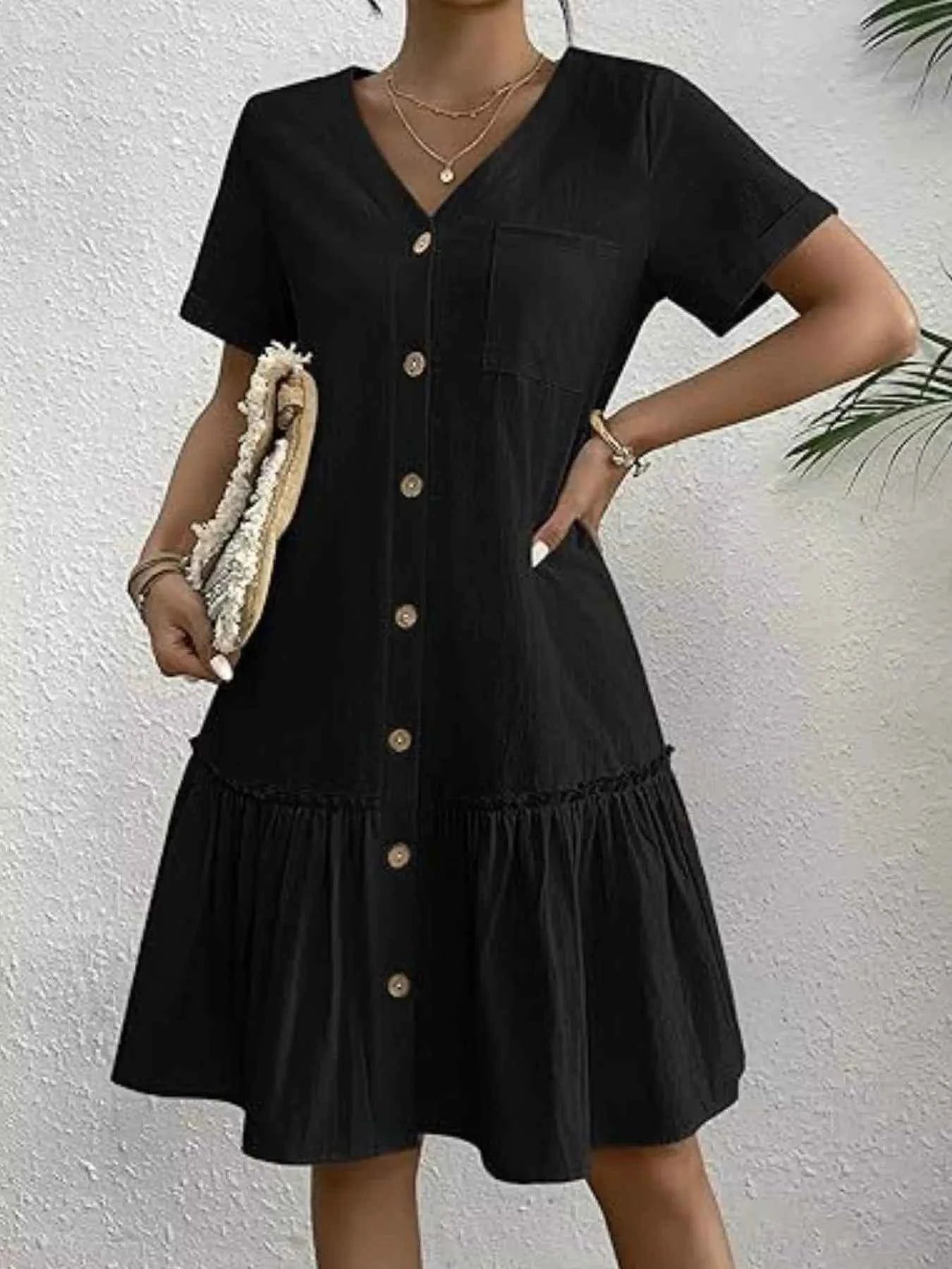 Full Size Button-Front Short Sleeve Tiered Dress Plus Size Black be2fd715-ed80-4fab-ad3a-6f2feaedaa9d-Max-Origin