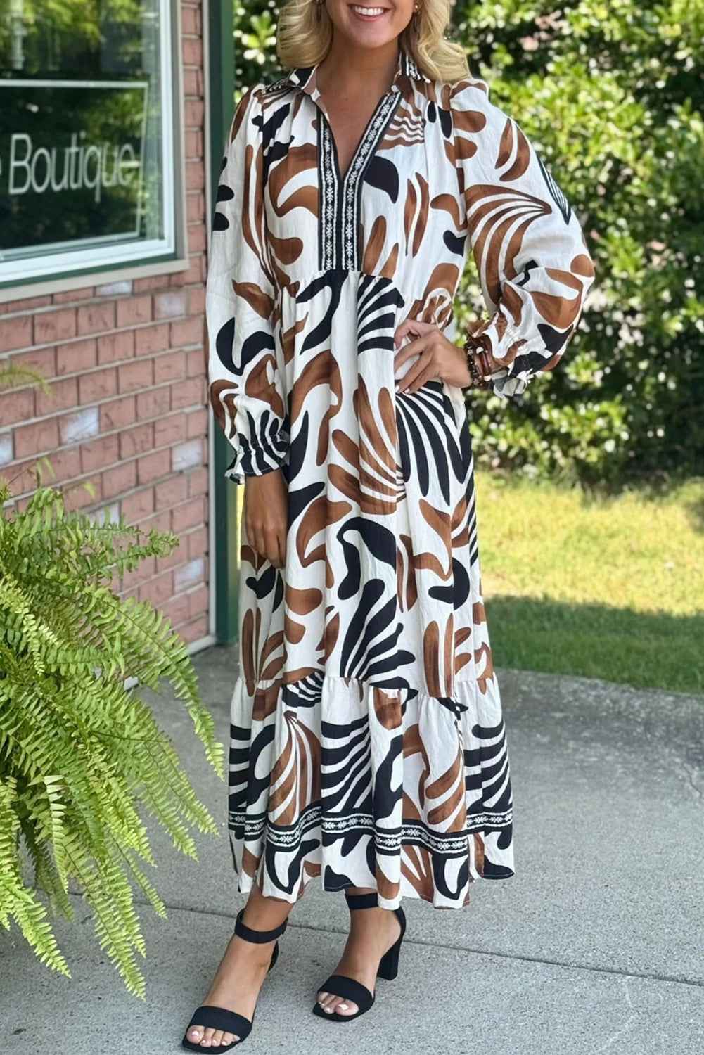 Brown Tropical Print Contrast Trim Neck Long Sleeve Ruffle Hem Dress Brown 89%Viscose+11%Polyamide be3ffa21832d0393
