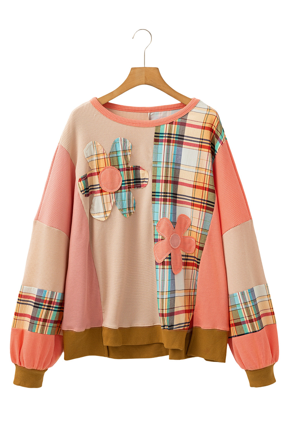 Multicolor Plaid Flower Patchwork Waffle Drop Shoulder Loose Top Multicolour 75%Polyester+25%Cotton be434ee9b6c6e6e9