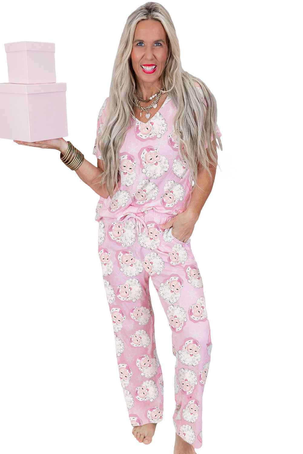 Pink Christmas Santa Claus V Neck Tee Drawstring Pants Pajama Set be440758f5130626