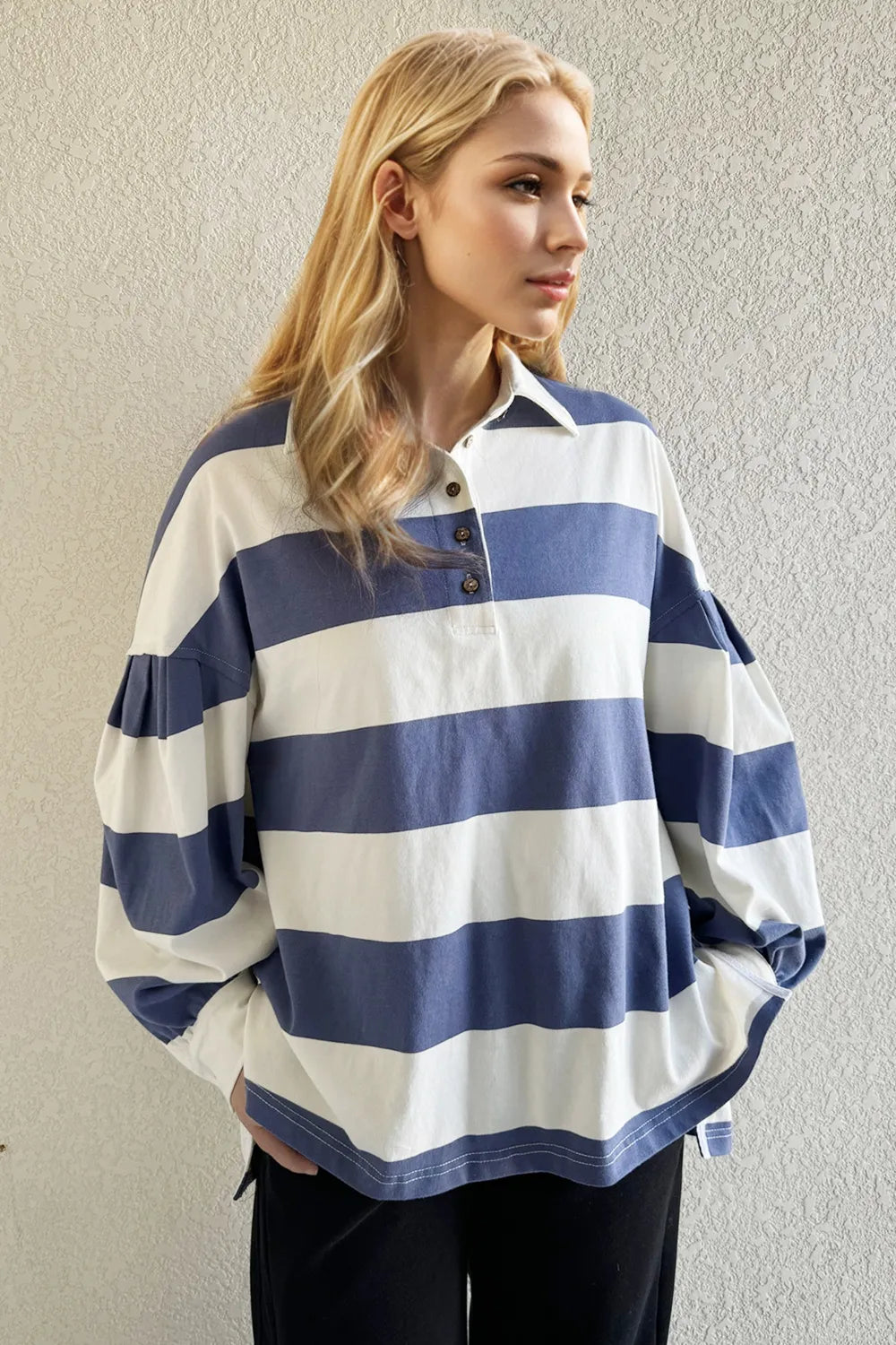 Oh Pima Cotton Wash Wide Striped Collared Neck Long Sleeve Top be44fee2-3e57-4574-b3b7-0fffbbc16006-Max