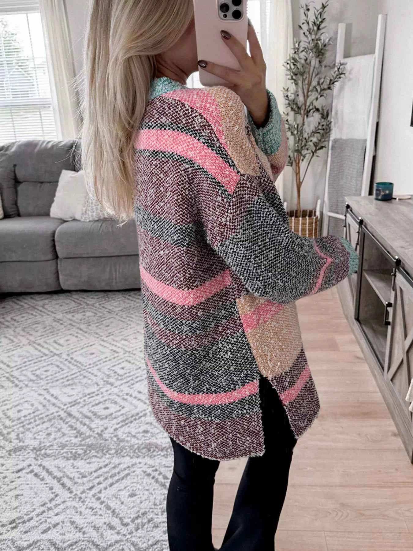 Color Block Striped Side Slit Open Front Cardigan be4e24e0-4de2-4d14-87e5-e05b986ce6a0-Max-Origin
