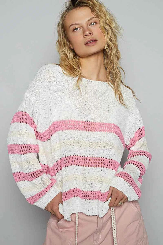 POL Striped Openwork Round Neck Knit Top be52f96f-79b3-4925-ba87-1e546599c8ef-Max-Origin