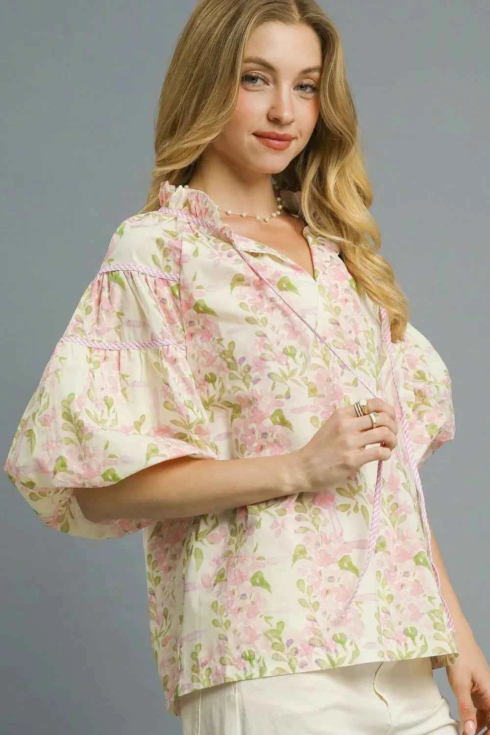 Umgee Floral Print Puff Sleeve Tie Neck Blouse be55abda-0576-43e3-a280-0288c7d8ac8e-Max-Origin