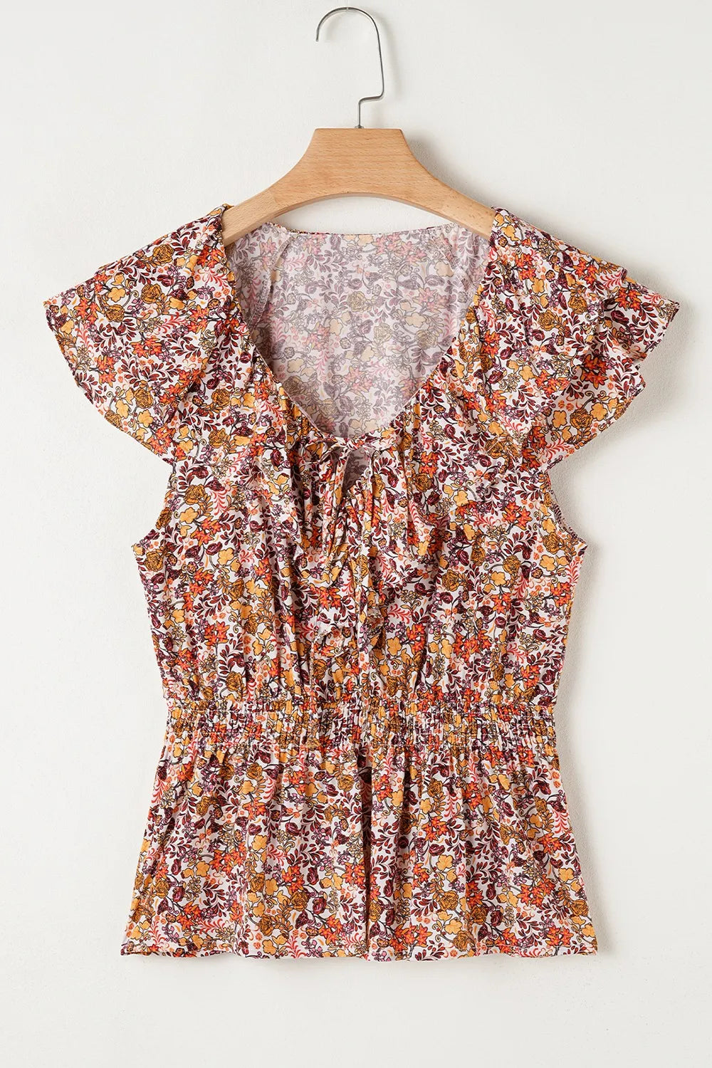 Floral Print Knot V Neck Ruffled Sleeve Blouse be6674e7-1df7-4218-9cdf-083398c84c6d-Max-Origin