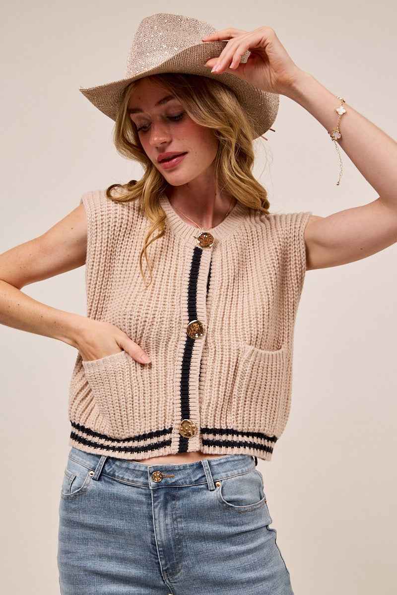 SO ME Big Metal Button Front Stripe Edge Knitted Sweater Vest be6a4080d4124b83937ee2199f2bc799-Max
