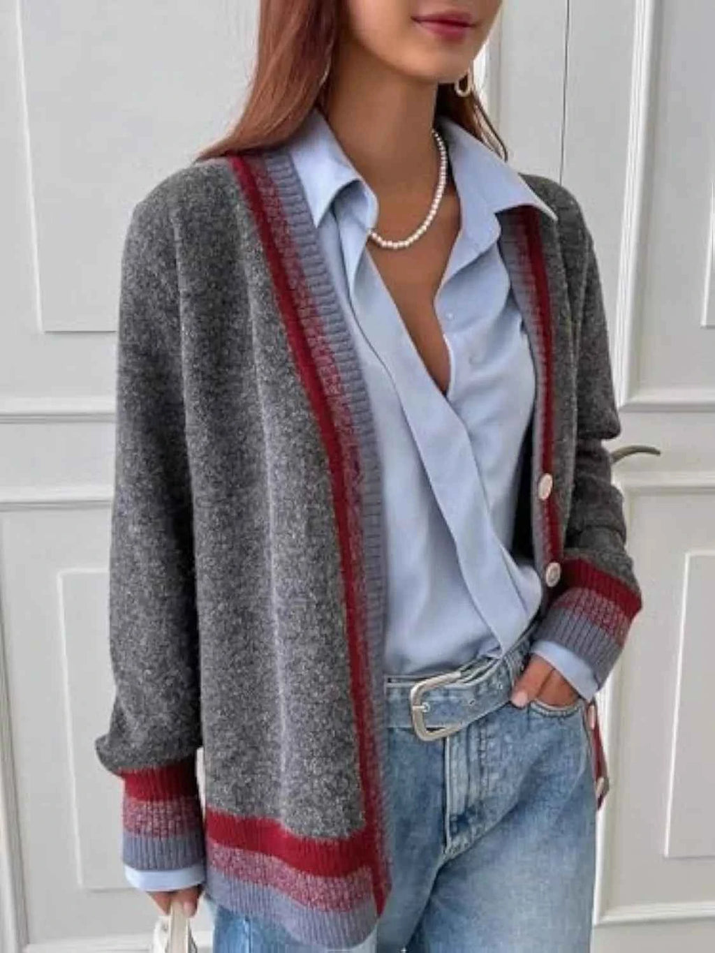 Striped Trim Button-Up Knit Cardigan Gray be6ab3af-5584-46cb-a7b9-03a4df4ca690-Max-Origin