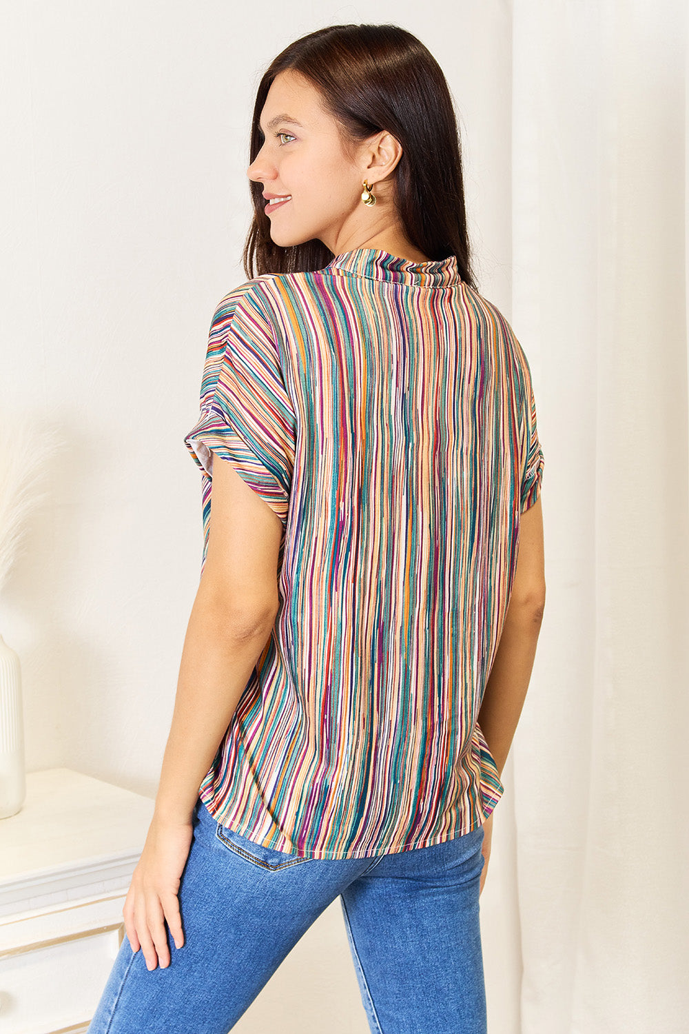 Shiny Multicolored Stripe Notched Neck Top be72a44debc64b95ae21f033f3c13c70-Max