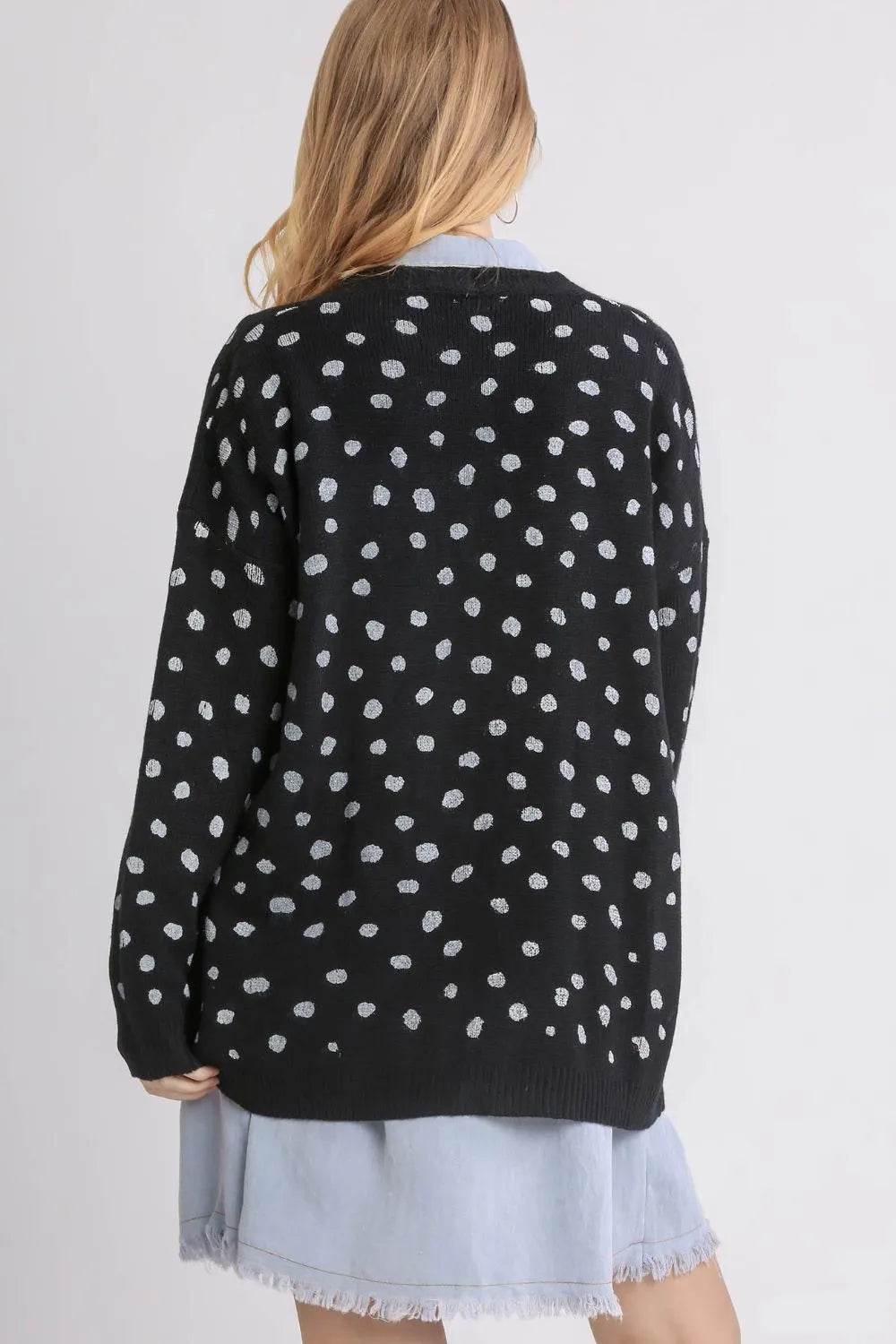 Umgee Polka Dot Open Front Drop Shoulder Cardigan be74b567-0a58-45fb-a878-c69419b52906-Max