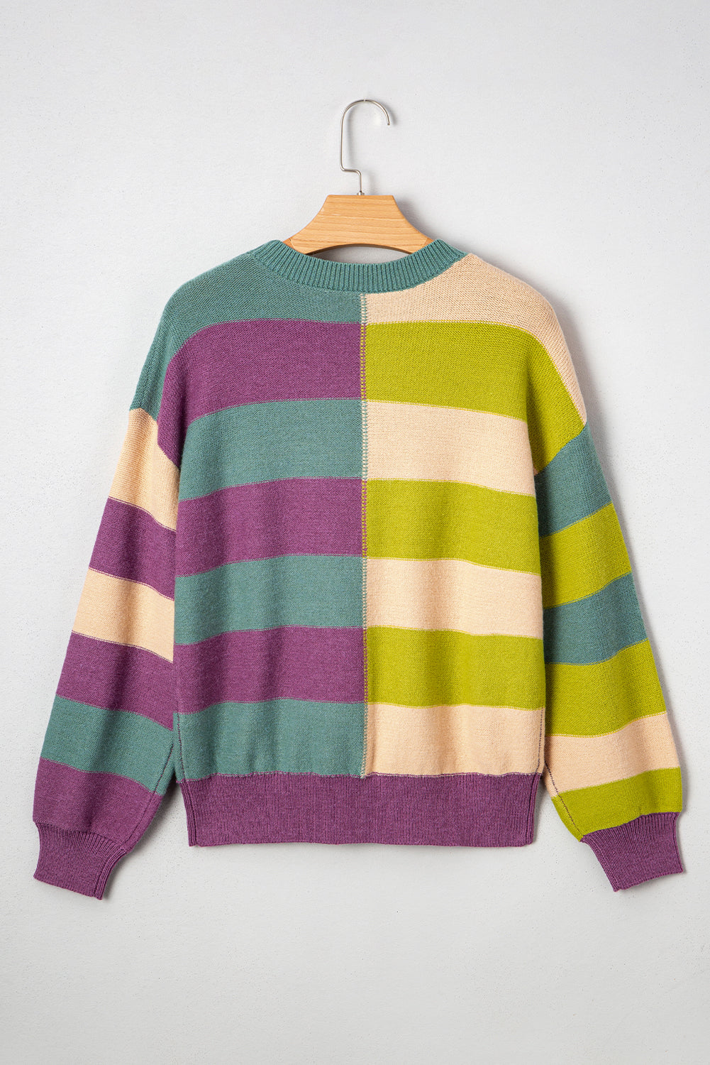 Green Stripe Colorblock Drop Shoulder Ribbed Edge Sweater be79507fdb39a011