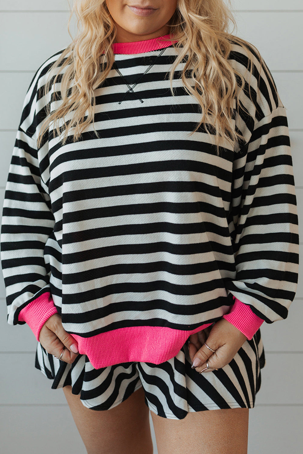 Black Stripe Contrast Edge Pullover and Shorts Plus Size Set Black Stripe 55%Acrylic+45%Cotton be7a3318a1b4fa69