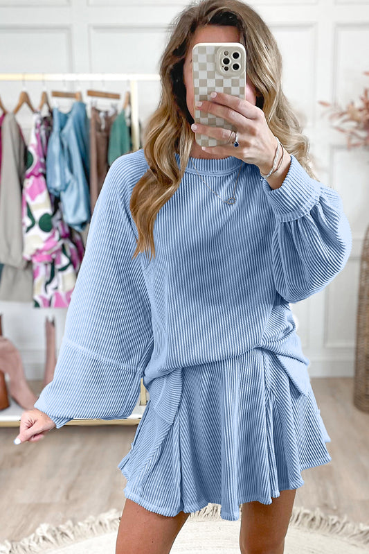 Sky Blue Corded Lantern Sleeve Top High Waist Ruffled Mini Skort Set be7c1a5f190ae216
