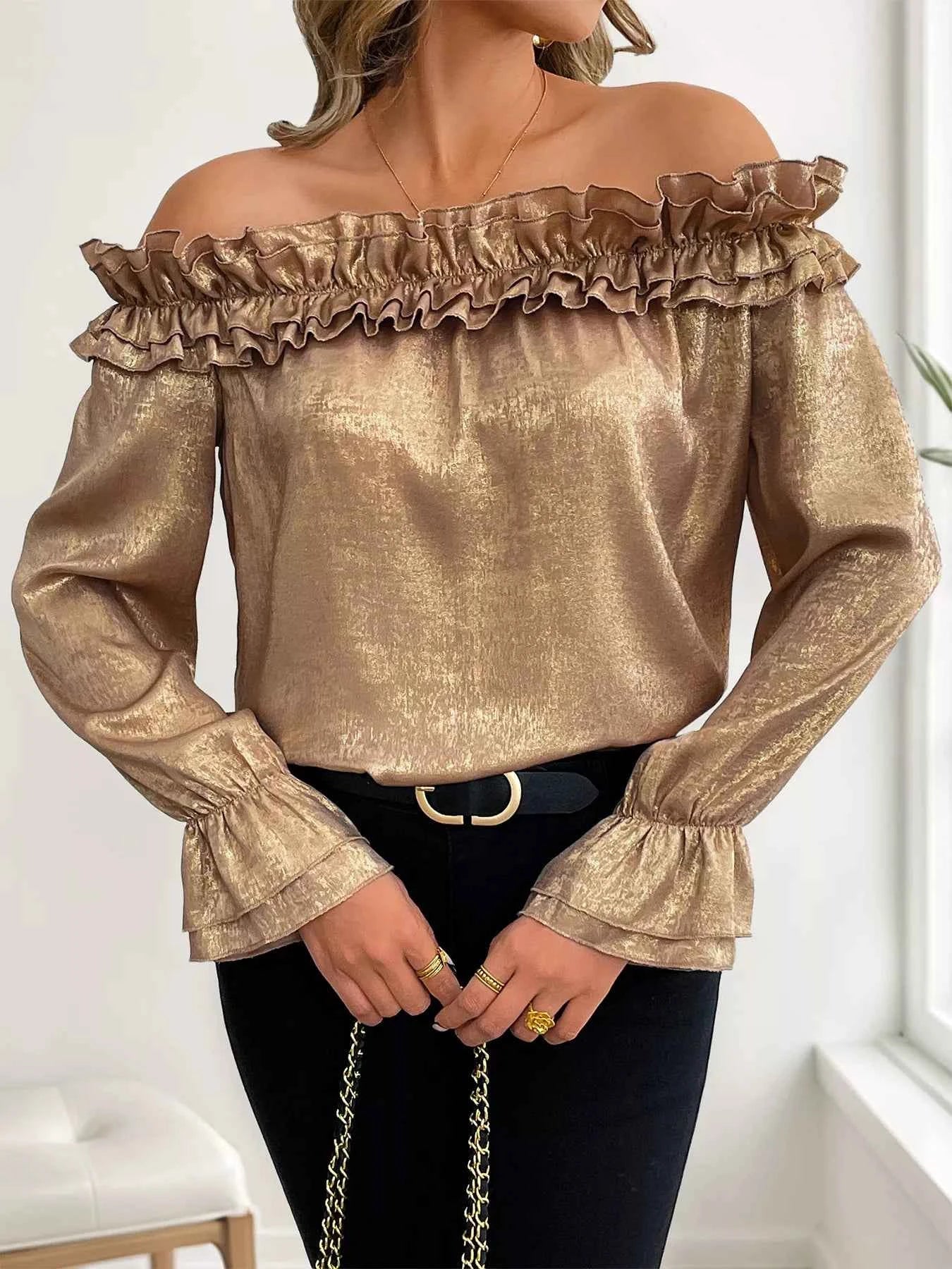 Ruffled Off-Shoulder Flounce Sleeve Blouse be7e3809e0d0451f9df7900307bbb16d-Max-Origin