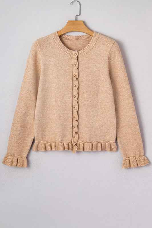Solid Ruffle Trim Button Front Cardigan Oatmeal be82e078-4c96-4d85-a49d-2b15a12a8413